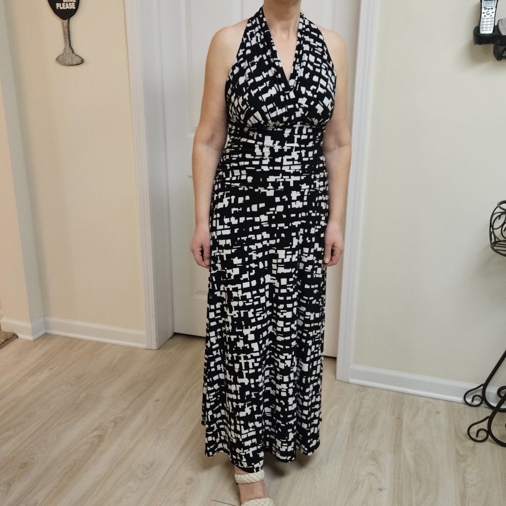 Nine West Halter Dress, 6, Black and off-white geometric print